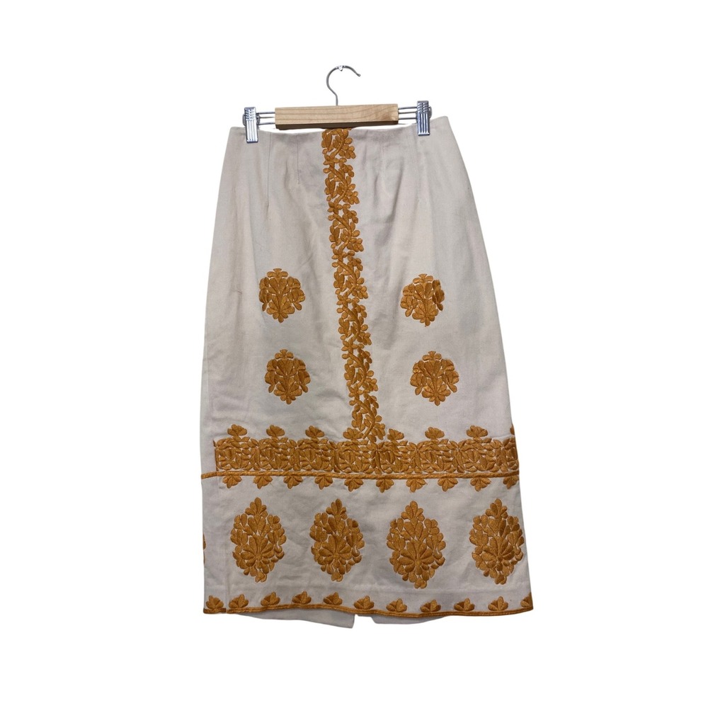 Anthropologie Embroidered Midi Pencil Skirt Beige Gold Floral‎ Cotton Size 0